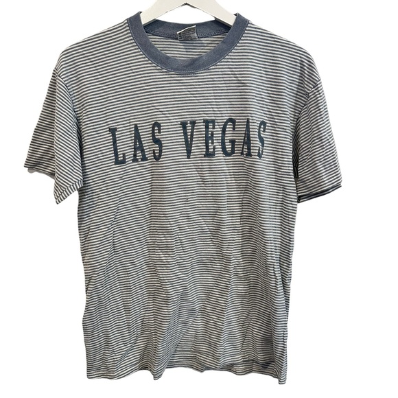 Vintage Cal Cru Shirt Mens medium Blue Short Sleeve Crew Neck Stripe Las Vegas - Picture 1 of 5